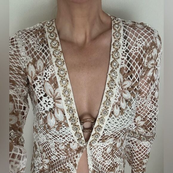 Boston Proper white tan neutral duster crochet beach swim coverup XS - Picture 2 of 8